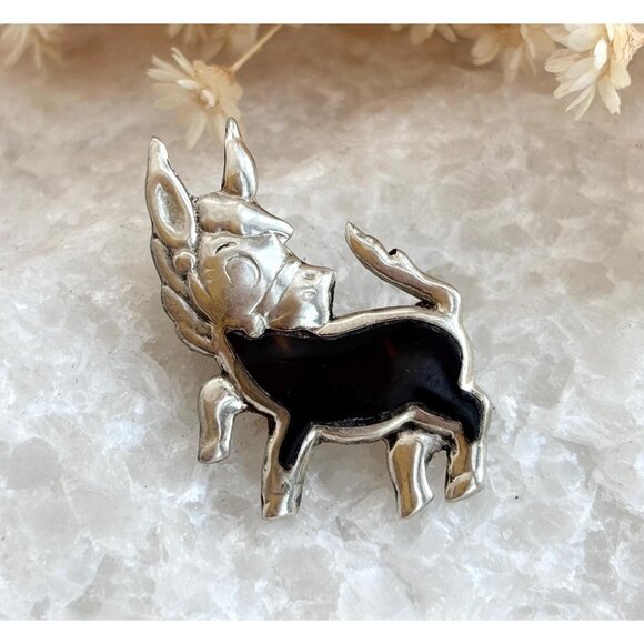 Taxco Tiny Donkey Onyx Southwest Mexican Sterling Silver Vintage Brooch Pin - Picture 1 of 10